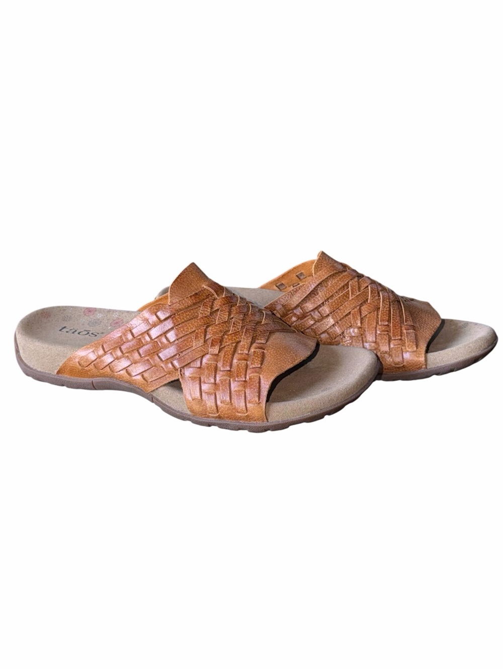 Taos Guru Honey Brown Woven Leather Cushioned Slide Arch Support Sandals 7